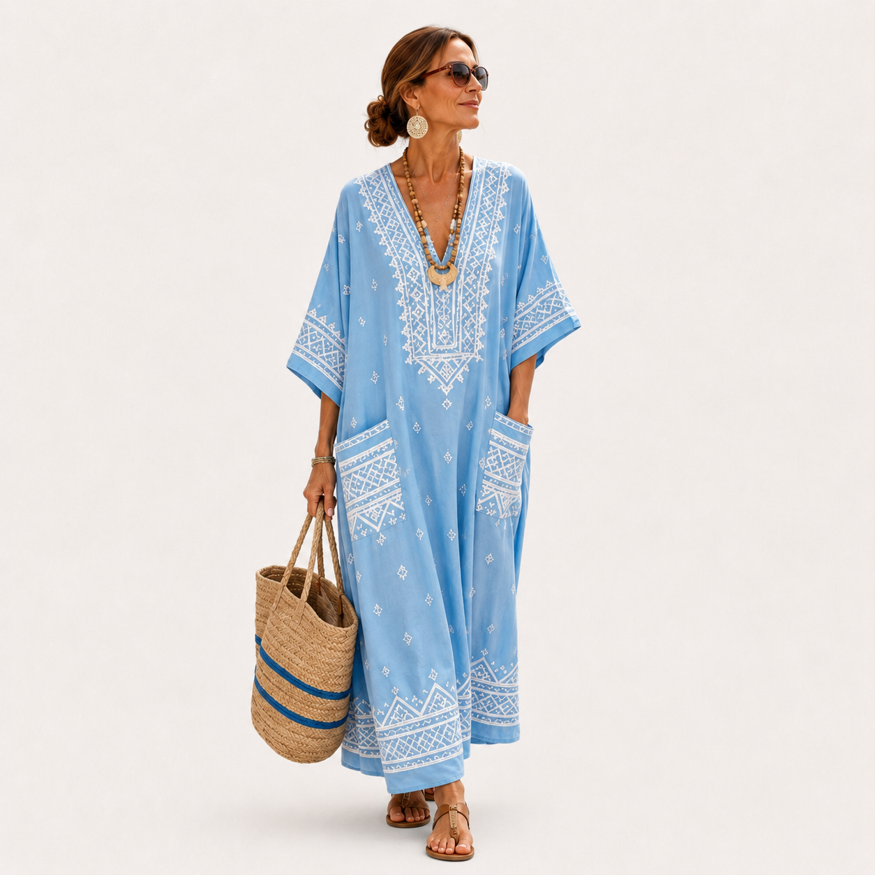 Lina | Kaftan Bleu Ciel à Imprimé Ethnique