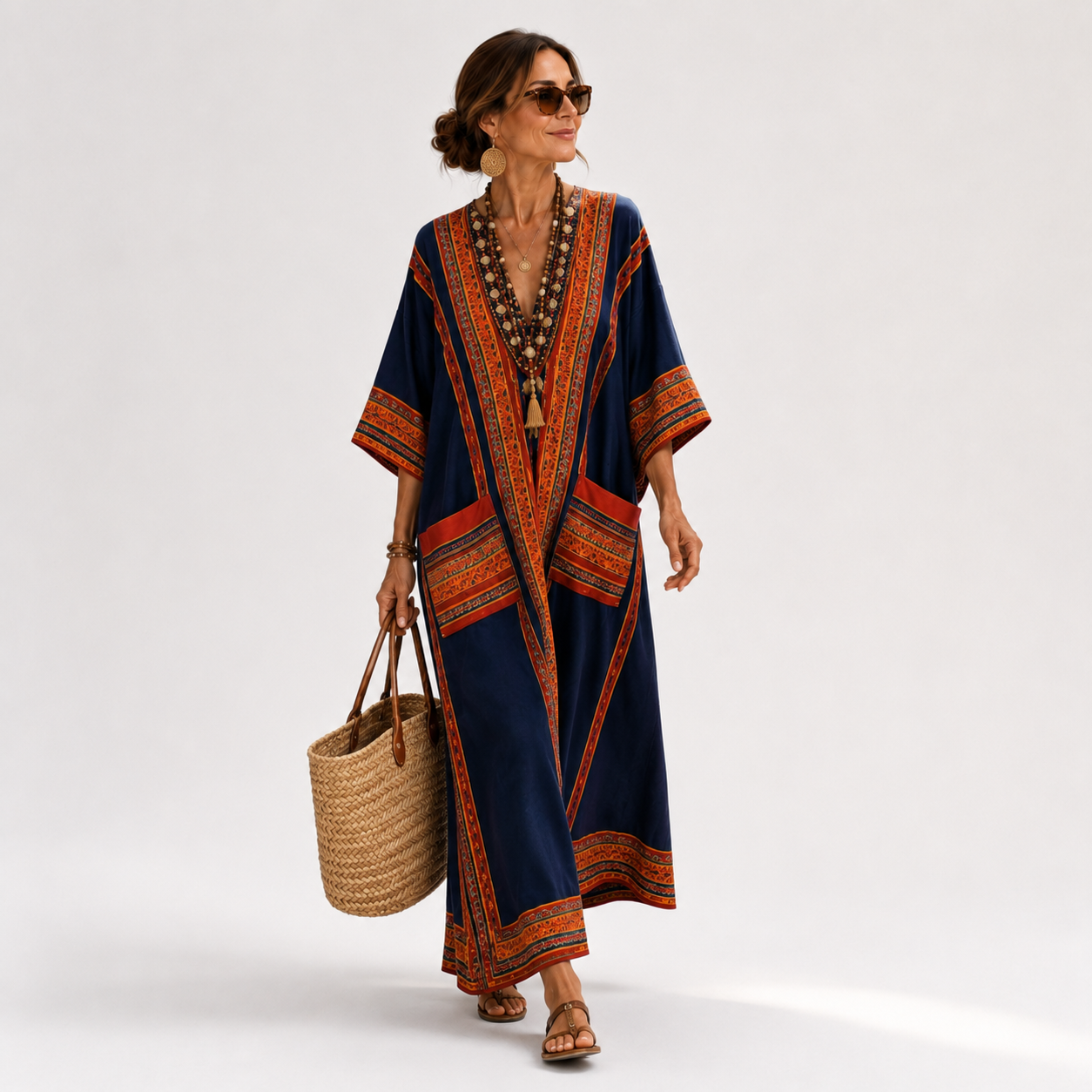 Samira | Kaftan Bleu à Imprimé Ethnique
