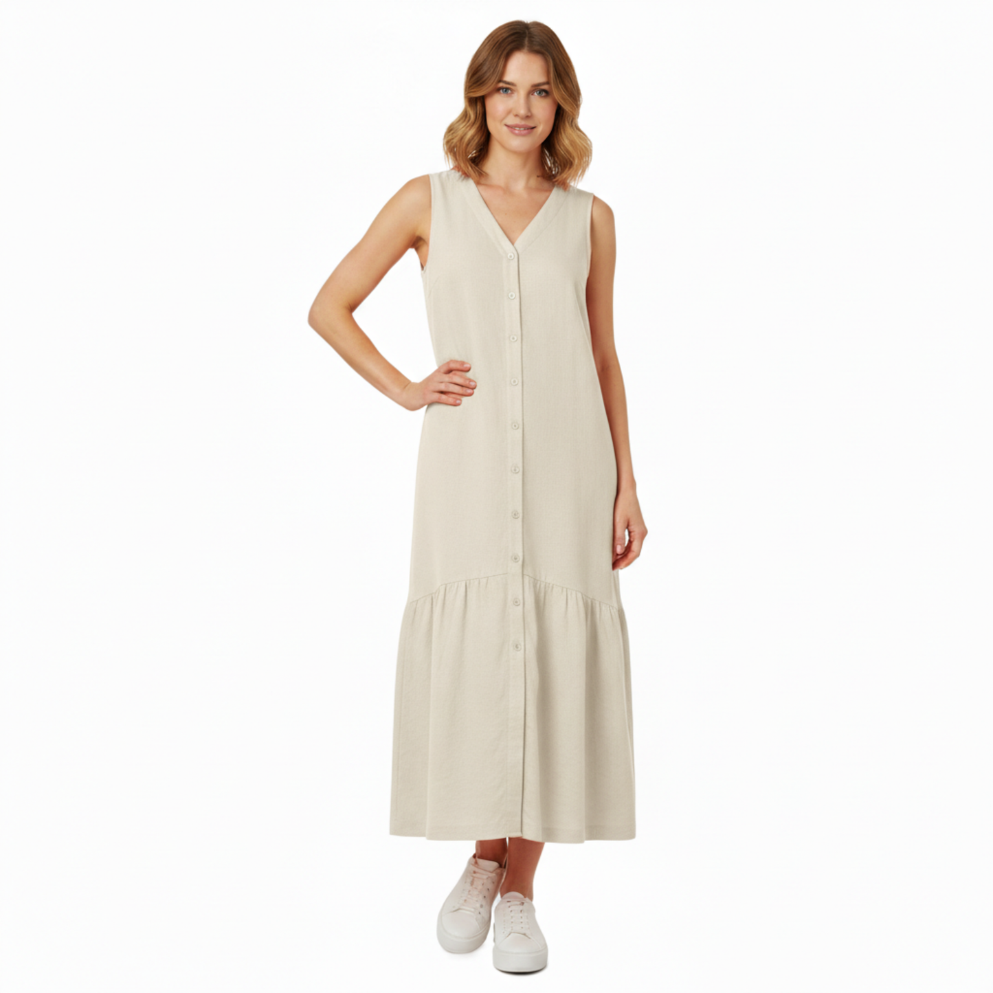 Robe midi sans manches, col en V, coupe évasée A