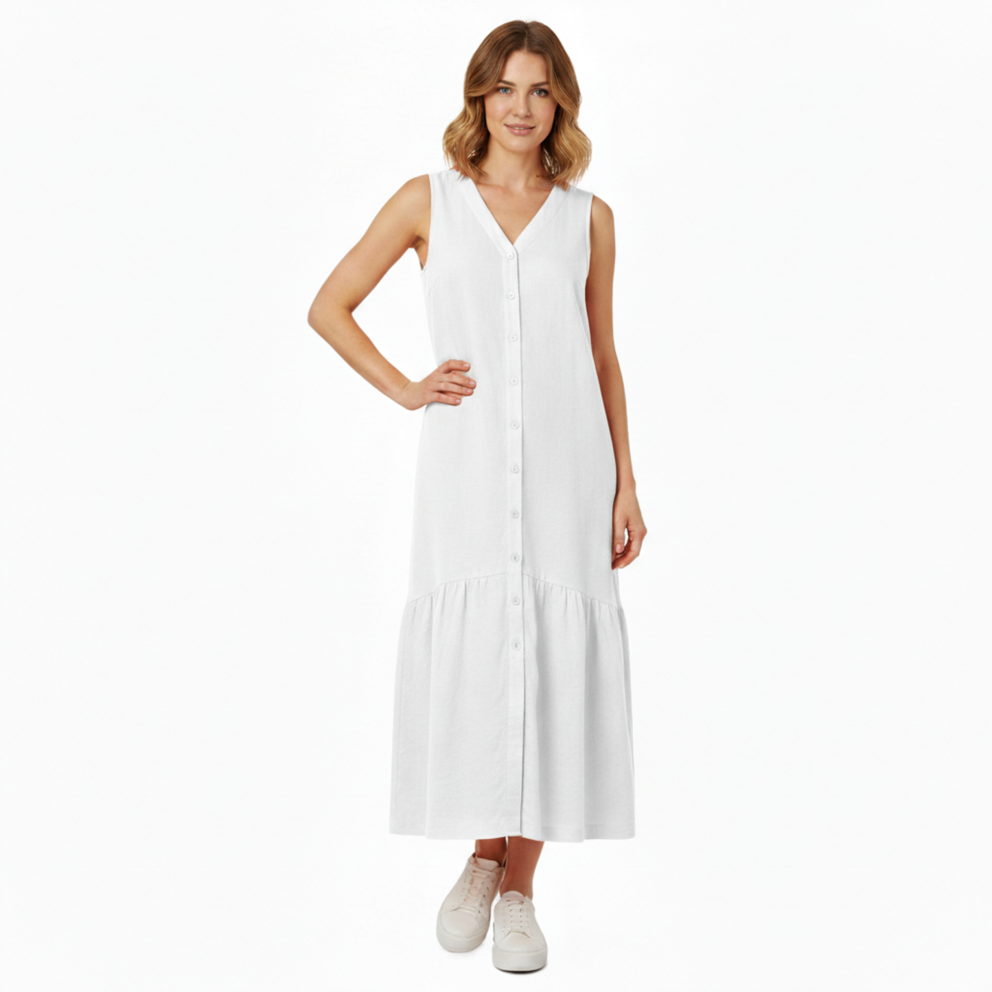 Robe midi sans manches, col en V, coupe évasée A
