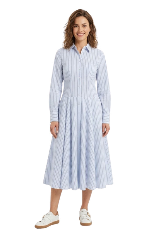 Robe Longue Rayée avec Col à Revers et Manches Longues