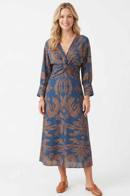 Robe Midi à Manches Longues avec Noeud Frontal et Imprimé