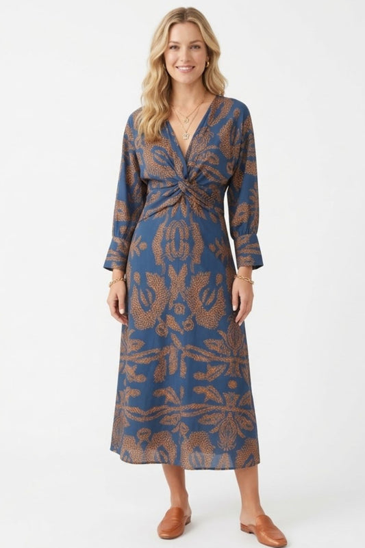 Robe Midi à Manches Longues avec Noeud Frontal et Imprimé
