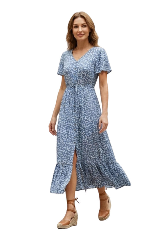Robe Longue en Coton Fleurie à Col V avec Boutons Frontaux