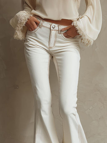 White Frayed-hem Flared Jeans
