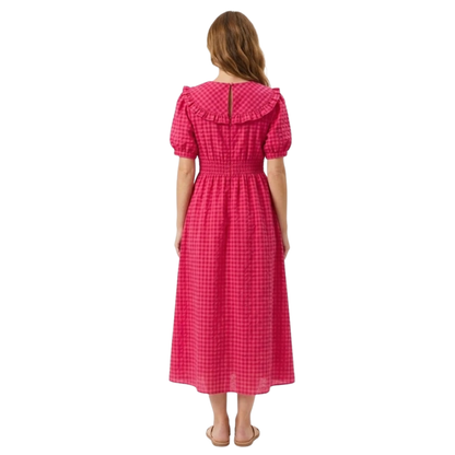 Robe Longue à Carreaux avec Col Claudine et Manches Bouffantes
