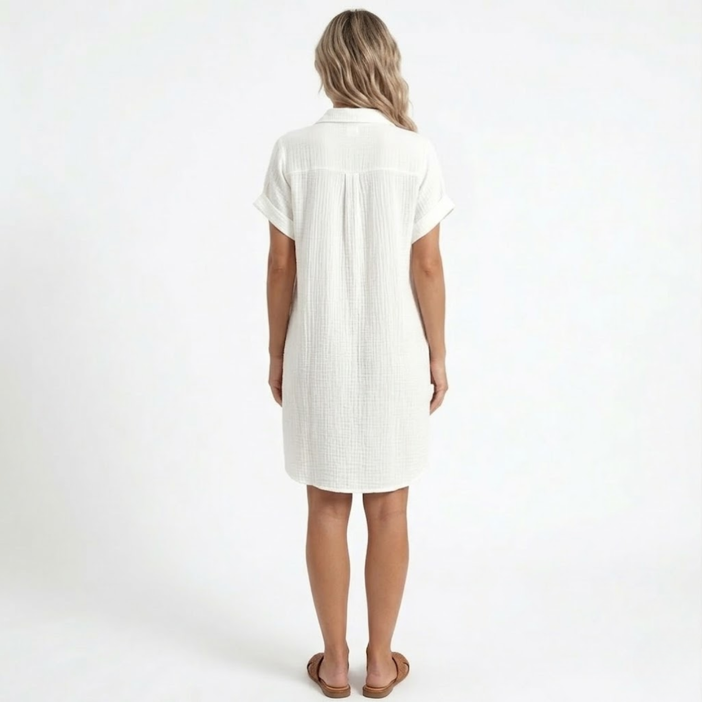 Robe Courte en Coton et Lin avec Col en V et Manches Trois-Quarts
