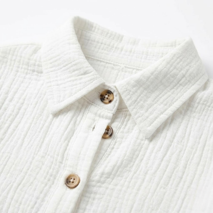 Robe Courte en Coton et Lin avec Col en V et Manches Trois-Quarts