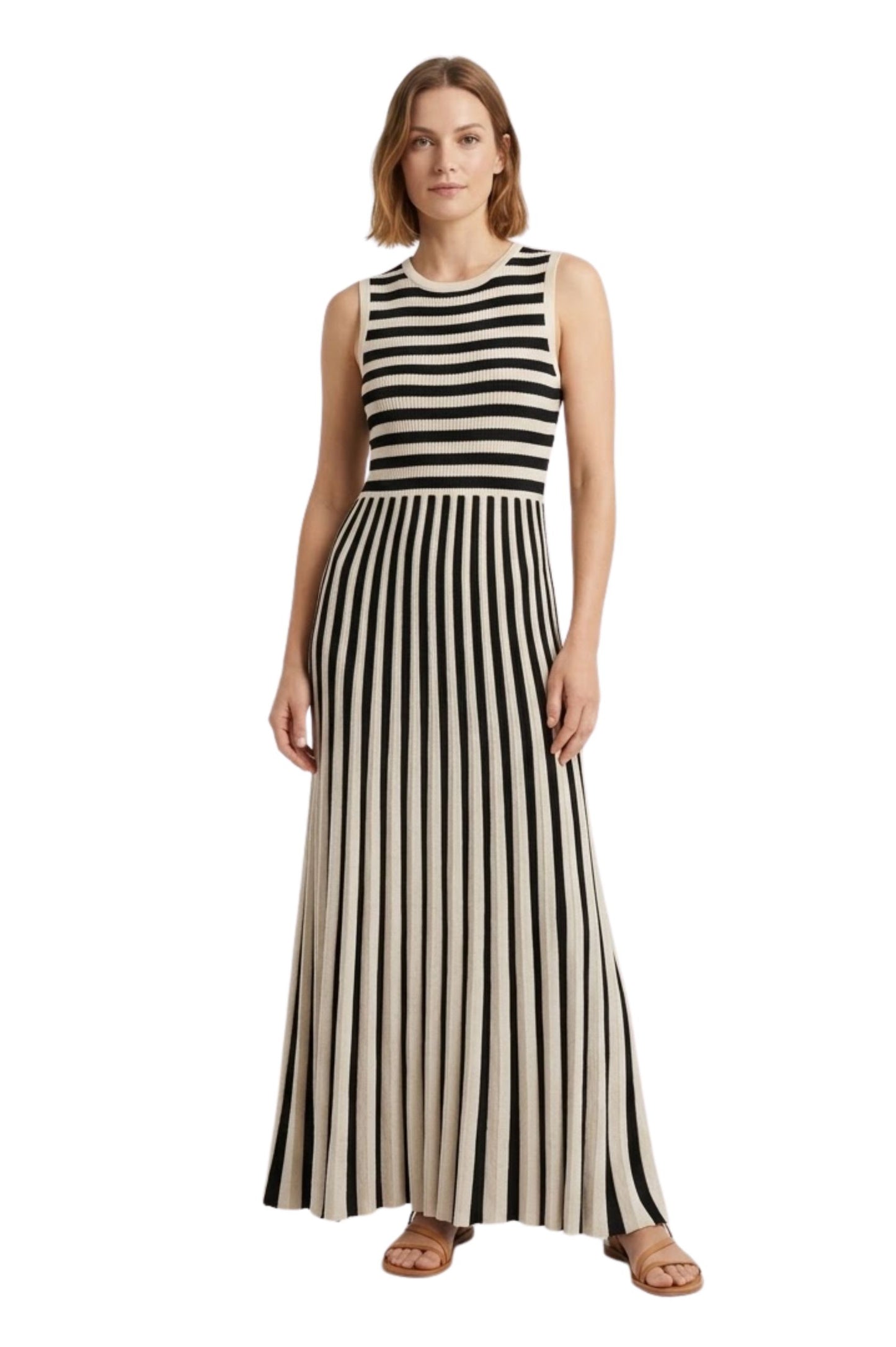 Robe Longue en Maille Sans Manches à Rayures et Col Rond