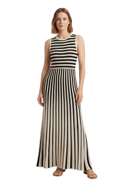 Robe Longue en Maille Sans Manches à Rayures et Col Rond