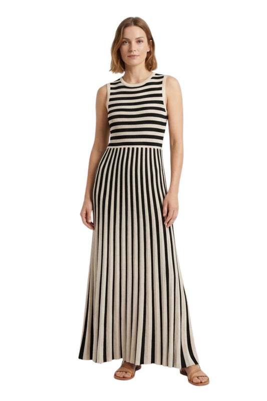 Robe Longue en Maille Sans Manches à Rayures et Col Rond
