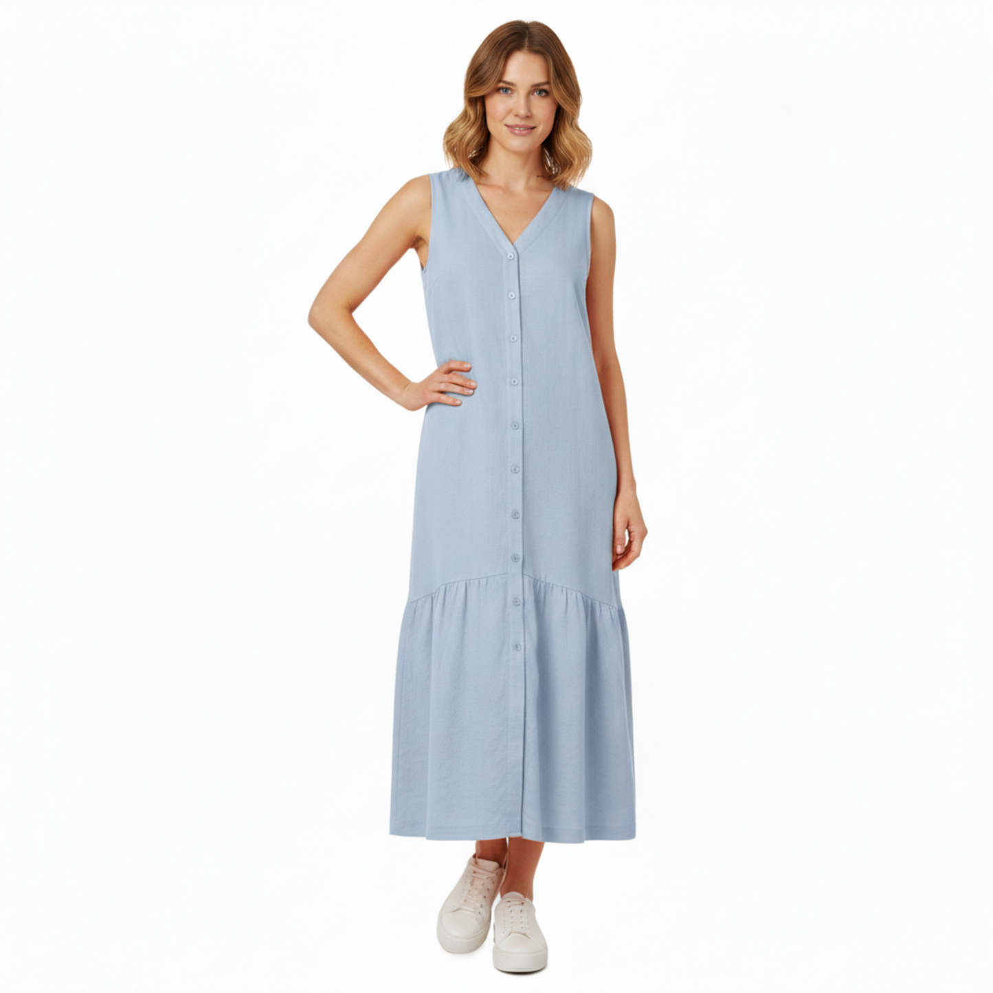 Robe midi sans manches, col en V, coupe évasée A