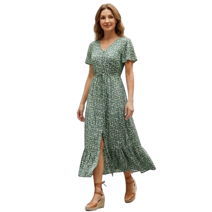 Robe Longue en Coton Fleurie à Col V avec Boutons Frontaux