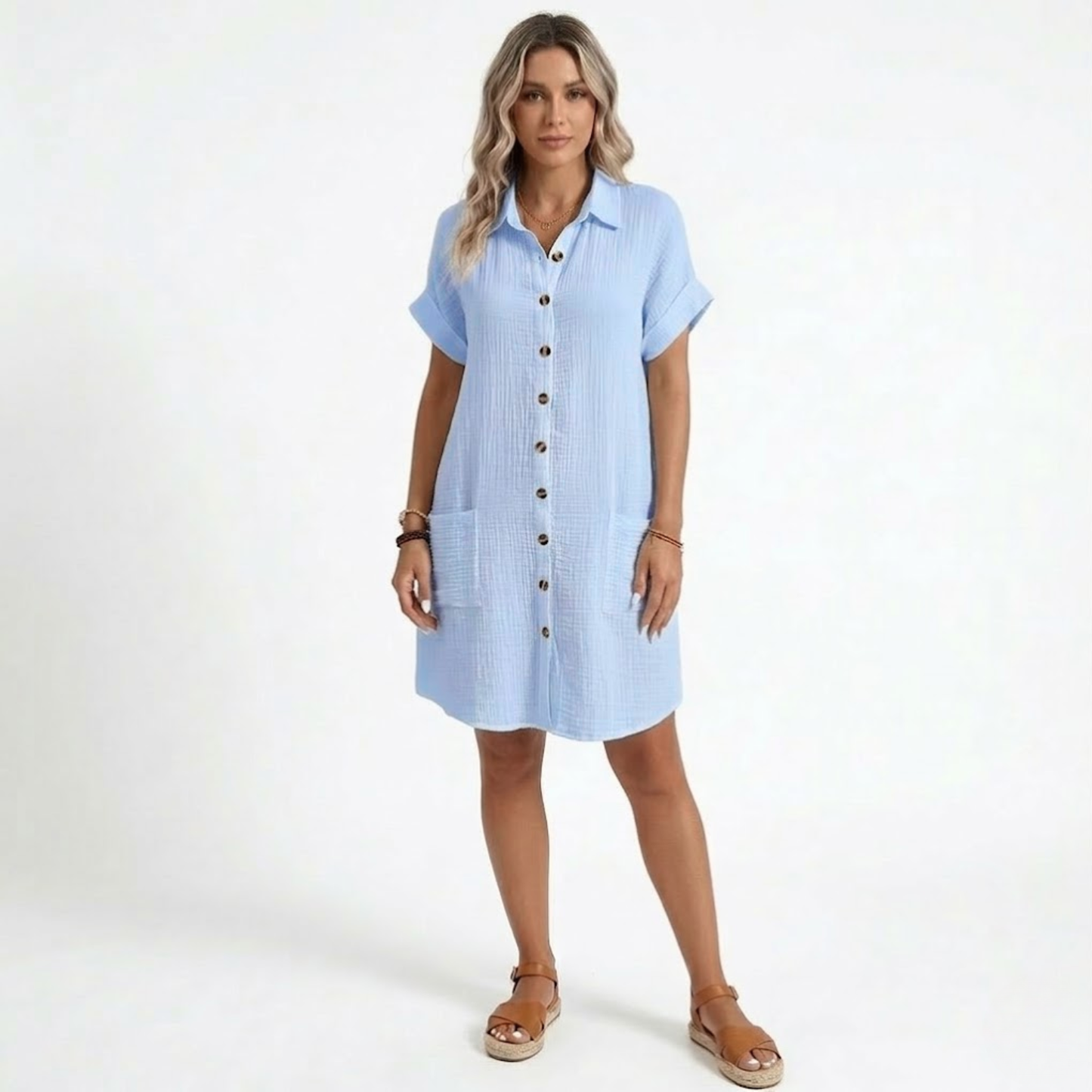 Robe Courte en Coton et Lin avec Col en V et Manches Trois-Quarts
