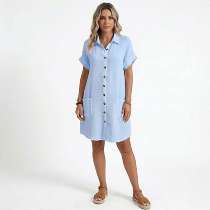 Robe Courte en Coton et Lin avec Col en V et Manches Trois-Quarts