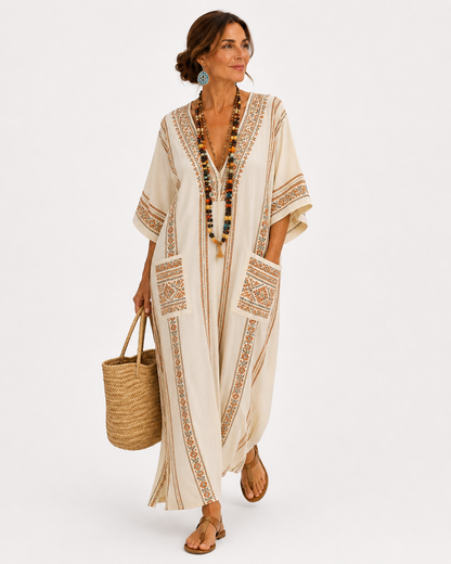 Maya | Caftan Beige à Imprimé Ethnique