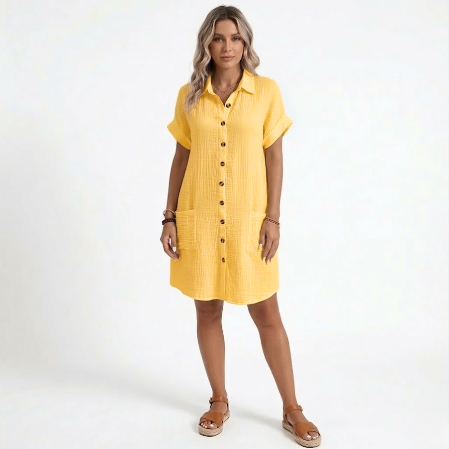 Robe Courte en Coton et Lin avec Col en V et Manches Trois-Quarts