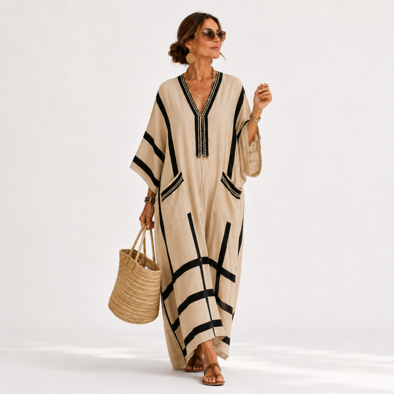 Salma | Kaftan Beige à Rayures Noires