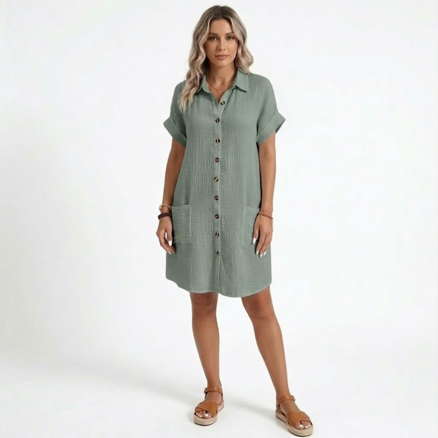 Robe Courte en Coton et Lin avec Col en V et Manches Trois-Quarts