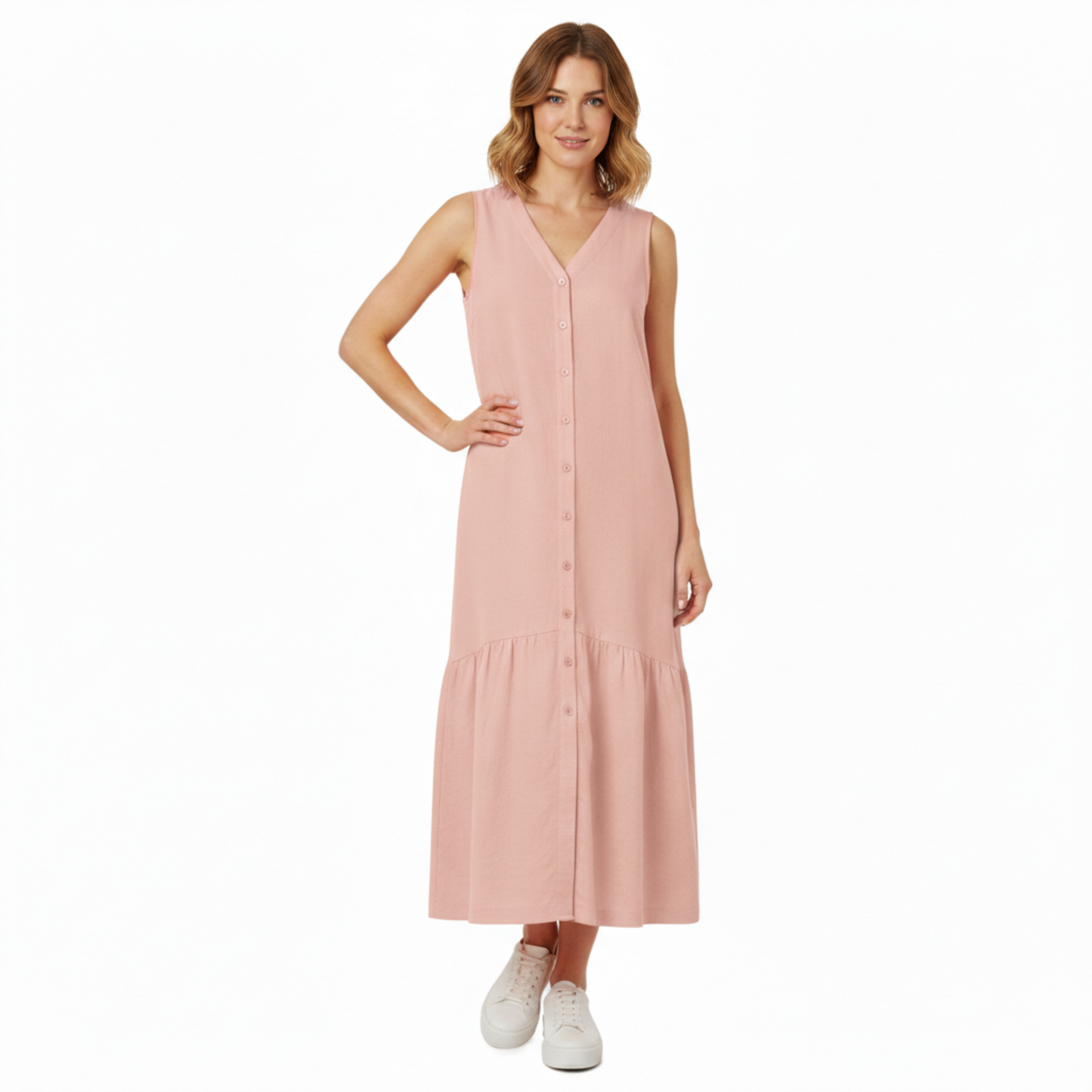 Robe midi sans manches, col en V, coupe évasée A