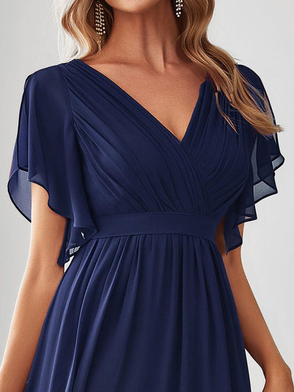 ever LEORA|V-Neck Flutter Sleeve Floor-Length A-Line Chiffon Evening Dress