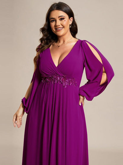 ever AMOUR|Lantern Long Slit Sleeve Deep V Applique Maxi Evening Dress