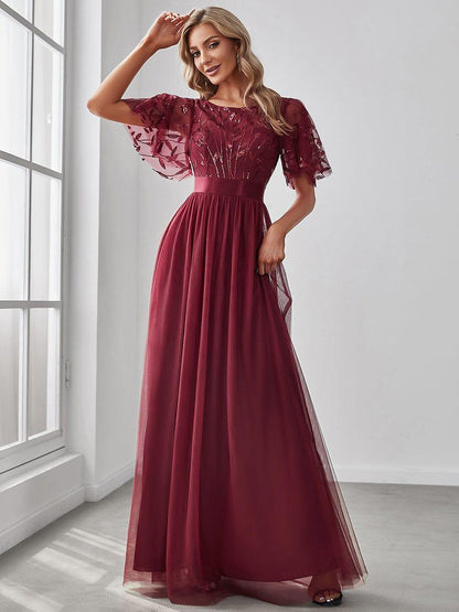 ever SAPHIR|Women's A-Line Short Sleeve Embroidery Floor Length Wedding Guest Dresses
