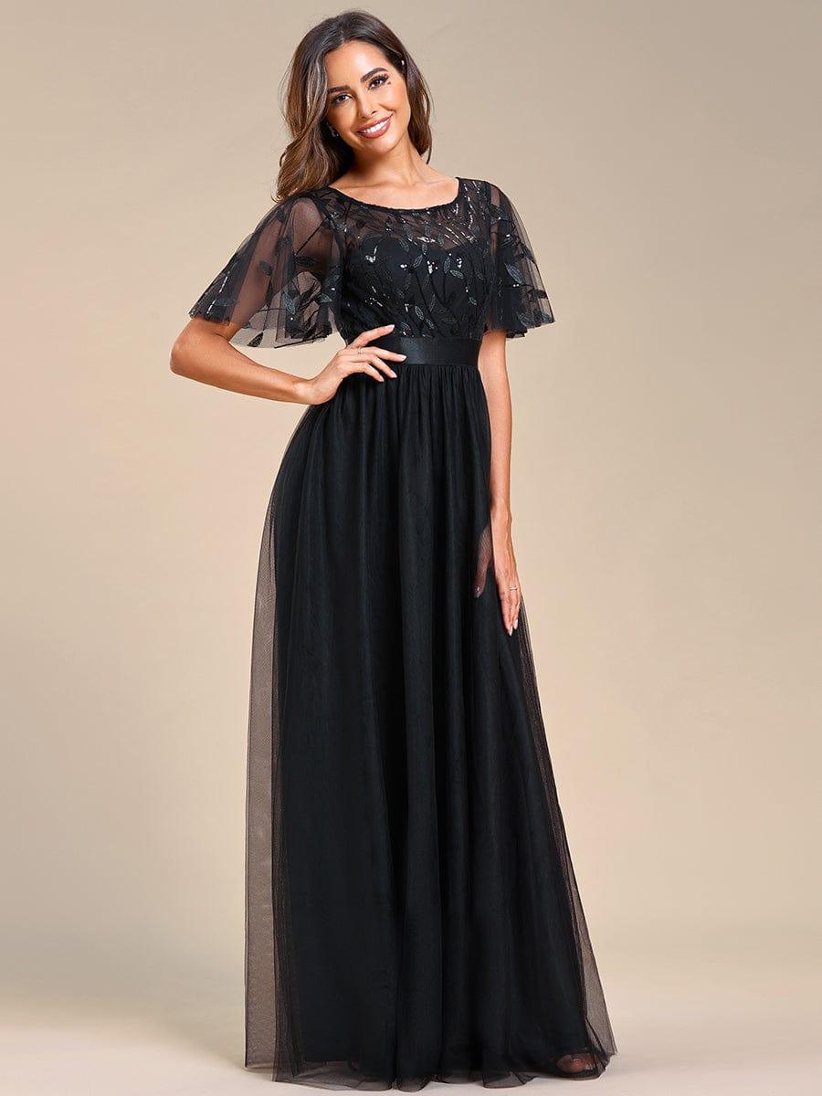 Robe longue de cérémonie à manches courtes avec broderie