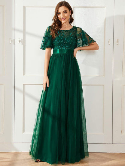 ever SAPHIR|Women's A-Line Short Sleeve Embroidery Floor Length Wedding Guest Dresses
