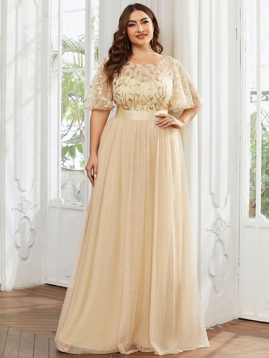 Robe longue de cérémonie à manches courtes avec broderie