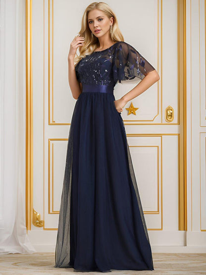 ever SAPHIR|Women's A-Line Short Sleeve Embroidery Floor Length Wedding Guest Dresses