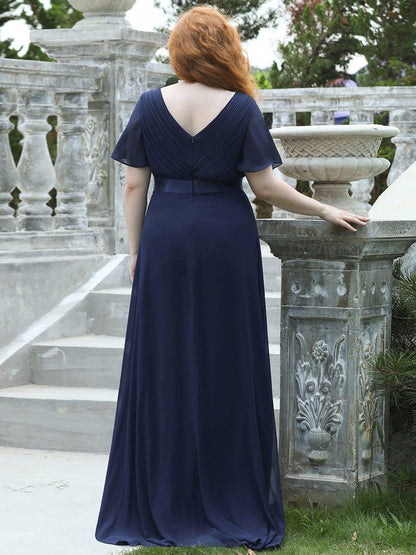 ever MONICA|Long Empire Waist Bridesmaid Dress with Short Flutter Sleeves