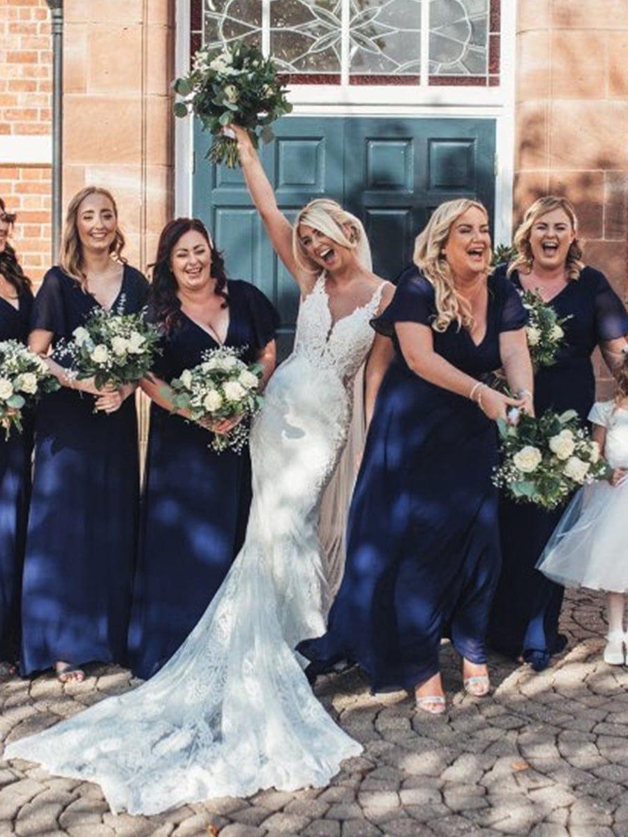 ever MONICA|Long Empire Waist Bridesmaid Dress with Short Flutter Sleeves