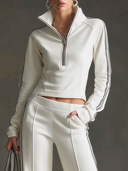 Sporty Retro Striped Webbing White Long-Sleeve Sweatshirt And Wide-Leg Pants Set