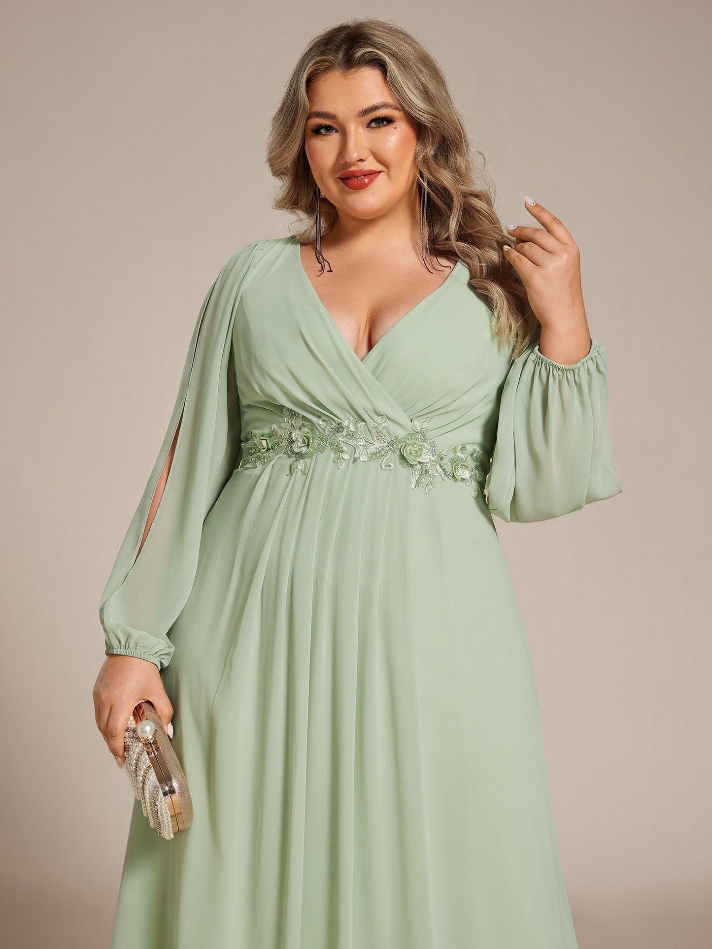 ever AMOUR|Lantern Long Slit Sleeve Deep V Applique Maxi Evening Dress