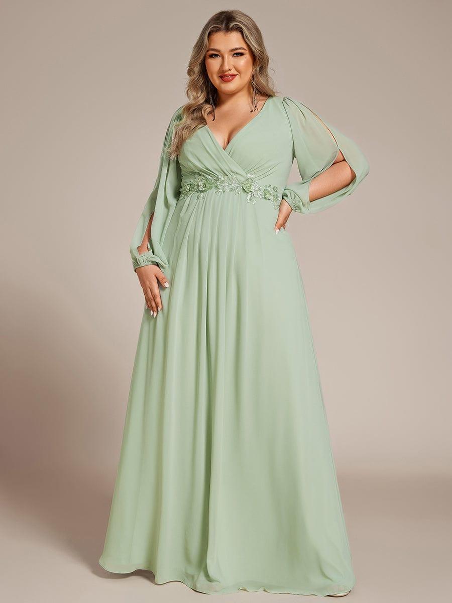 ever AMOUR|Lantern Long Slit Sleeve Deep V Applique Maxi Evening Dress
