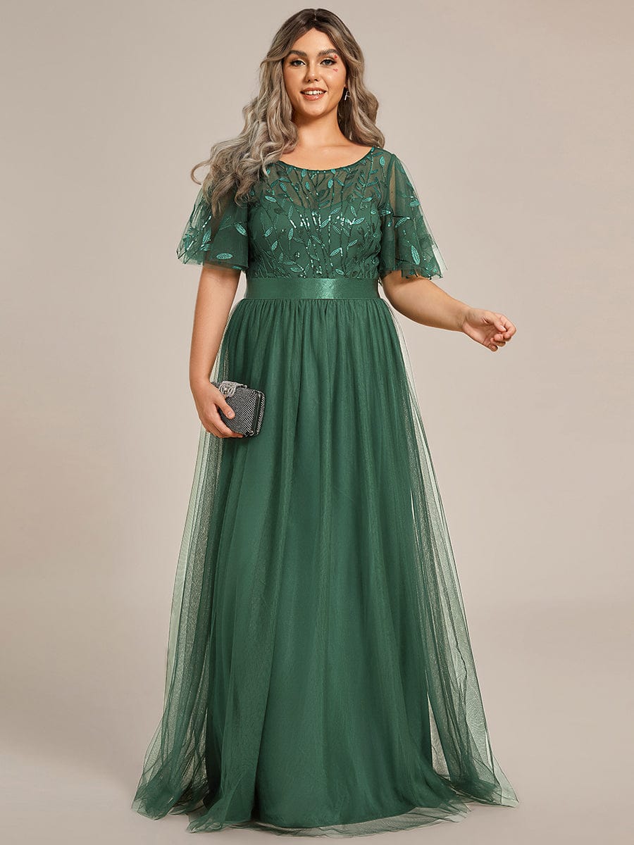 Robe longue de cérémonie à manches courtes avec broderie