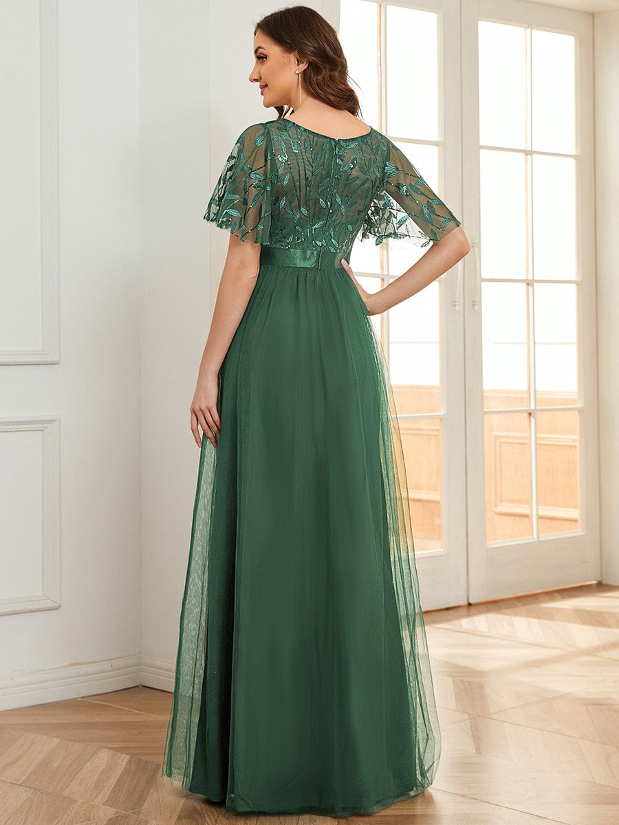 Robe longue de cérémonie à manches courtes avec broderie