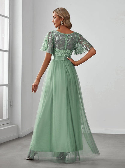 ever SAPHIR|Women's A-Line Short Sleeve Embroidery Floor Length Wedding Guest Dresses