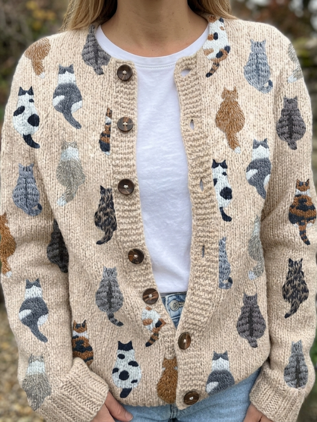 Graziella™ | Cardigan avec Imprimé de Chats et Coupe Confortable