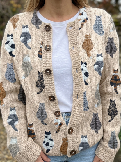 Graziella™ | Cardigan avec Imprimé de Chats et Coupe Confortable