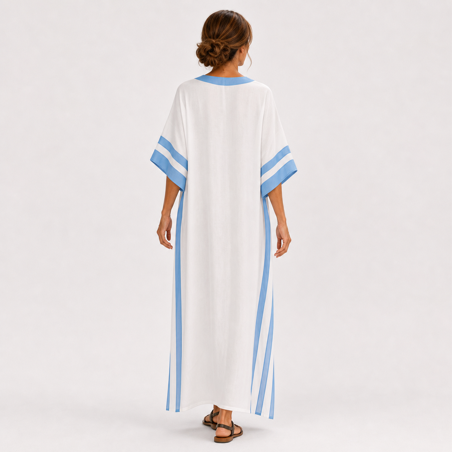 Lena | Caftan Long en Coton à Rayures Bleues