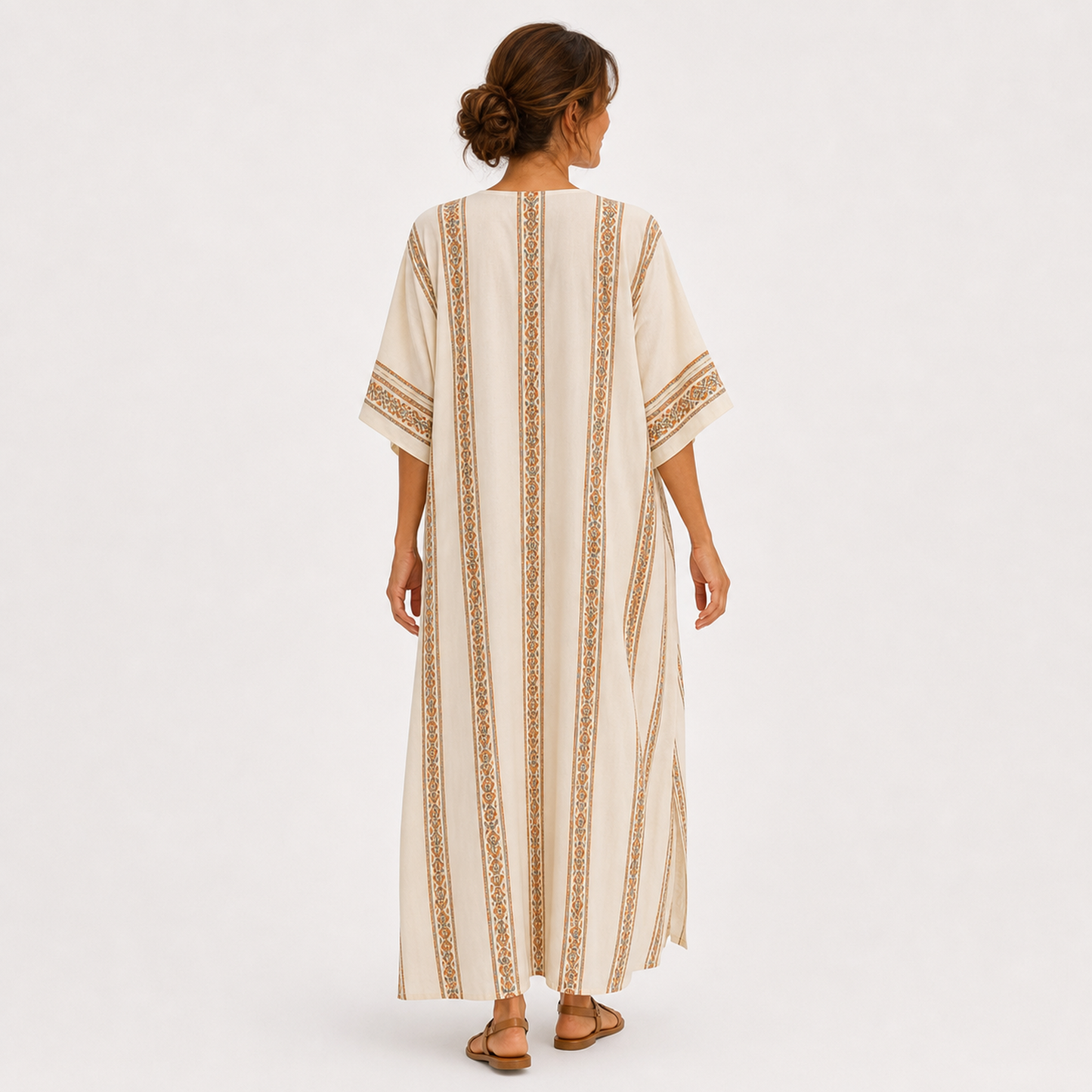 Maya | Caftan Beige à Imprimé Ethnique