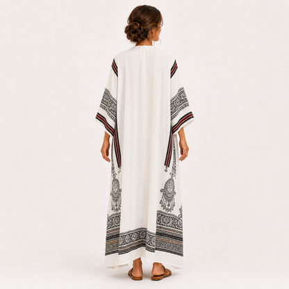 Clara | Caftan Blanc à Imprimé Ethnique