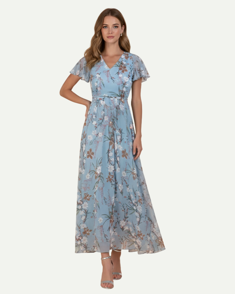 Isaline | Robe Longue Fleurie à Manches Volantées