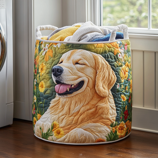 Panier à linge matelassé artisanal – Golden retriever et fleurs