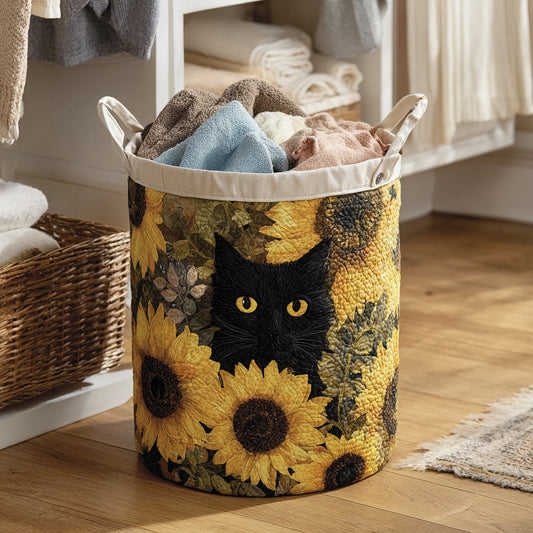 Panier à linge matelassé artisanal – Chat noir et tournesol