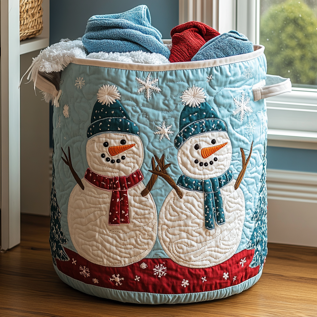 Panier à linge matelassé artisanal – Bonhomme de neige