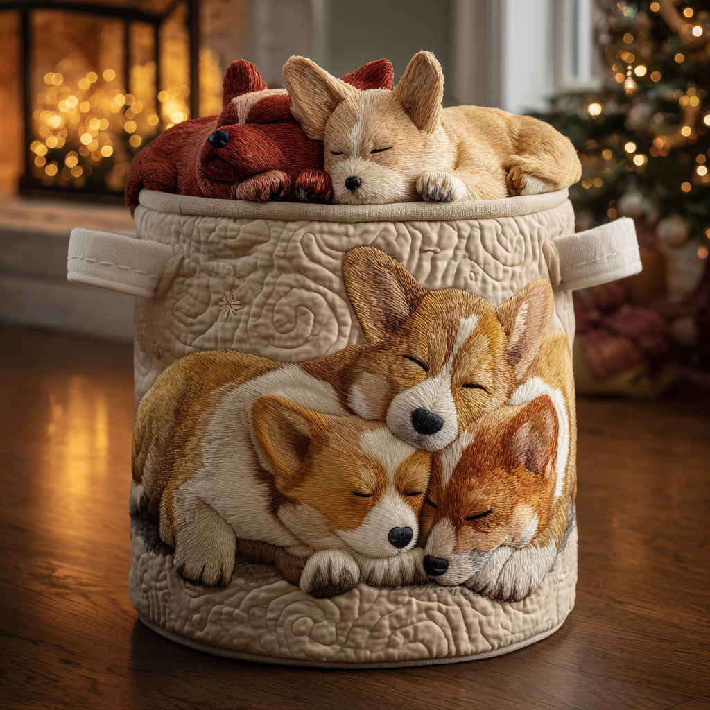 Panier à linge matelassé artisanal – Corgi de Noël