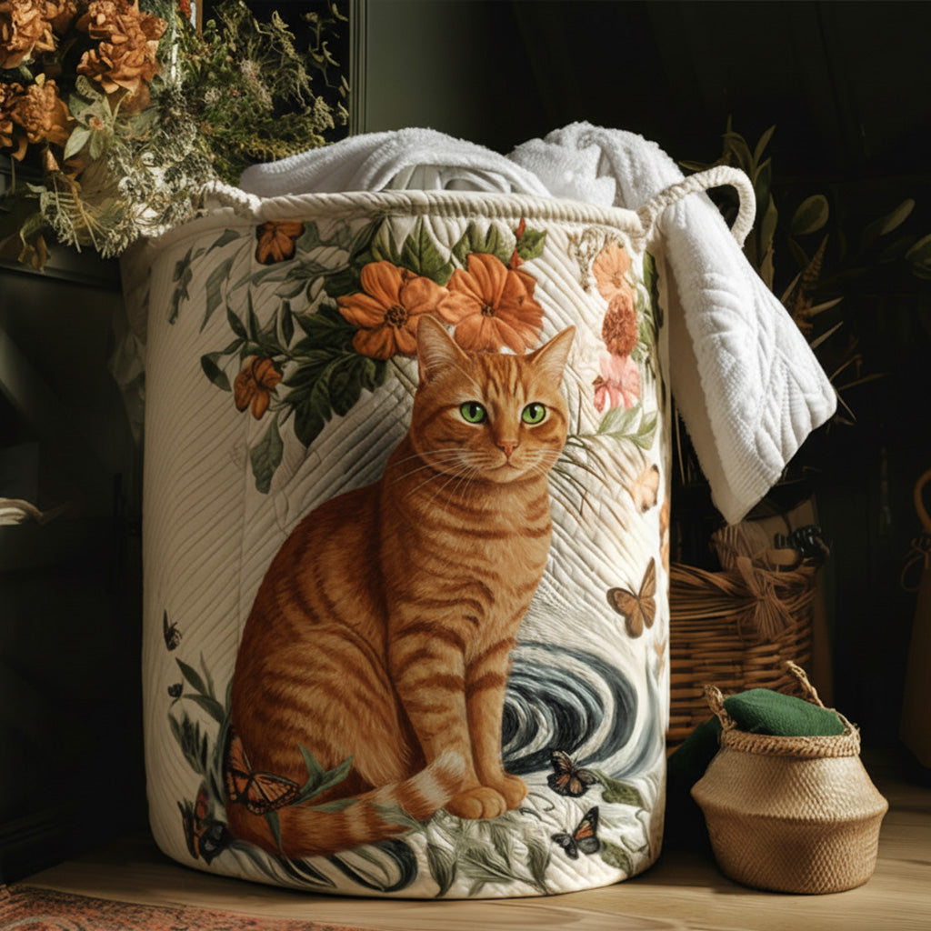 Panier à linge matelassé artisanal – Chat aux moustaches dorées